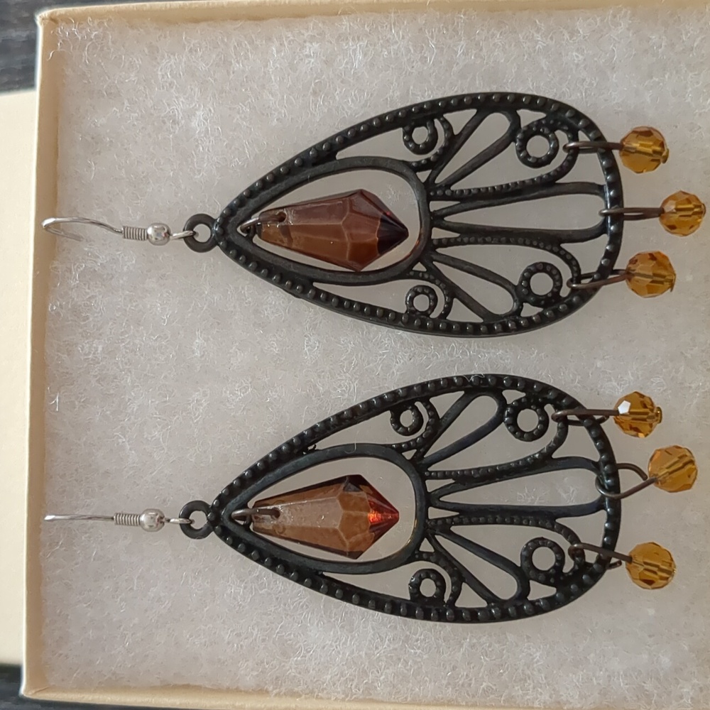 Park Lane Black Filigree Earrings with Amber Stones
